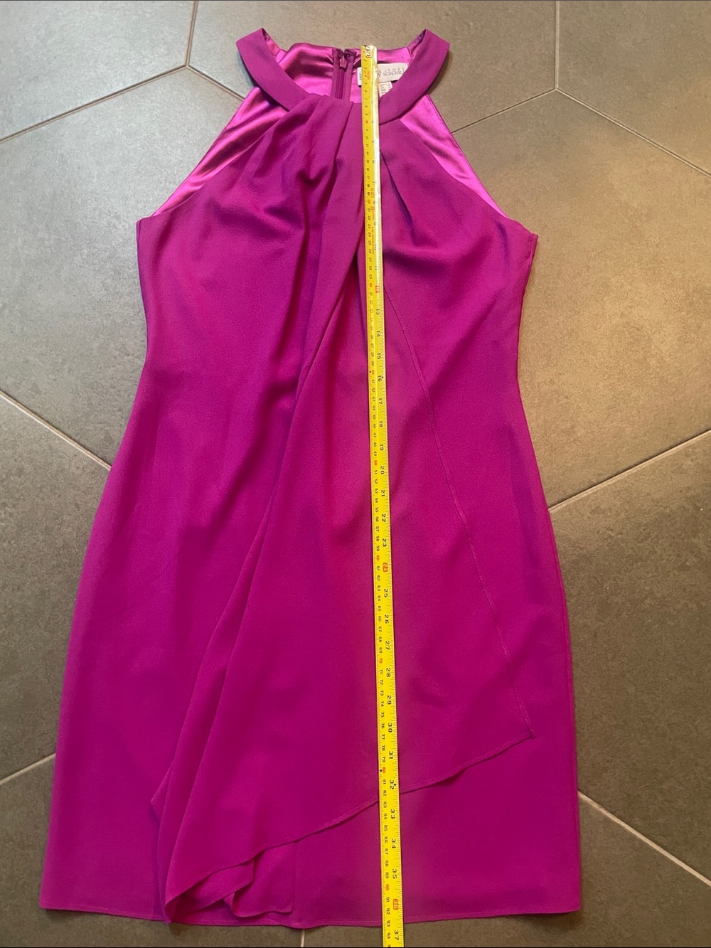 Badgley Mischka Sleeveless Pleated Halter Dress in Deep Magenta 8 - Picture 4 of 6